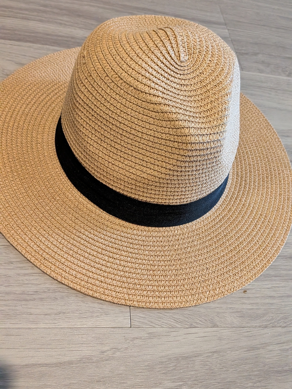 Classic Straw Fedora Hat with Black Band - Tan Large